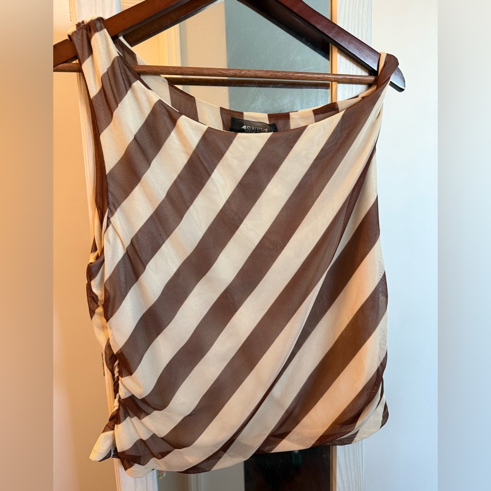 Anthropologie Brown & Cream diagonal striped top with twist detail. New with tag